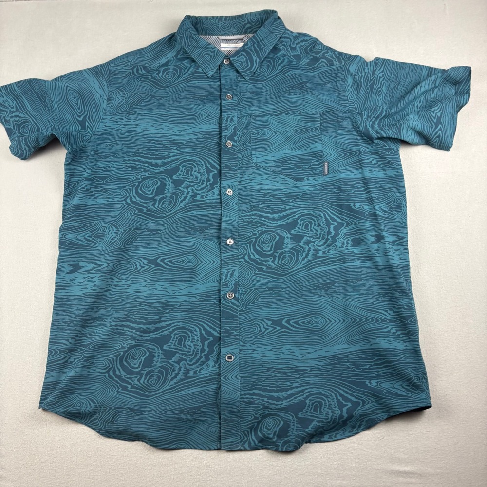 Columbia Mens XL Short Sleeve Button Down Shirt Teal Wood Grain Topo Pattern